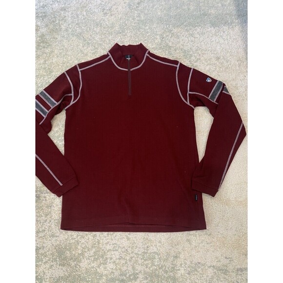 KUHL TEAM 1/4 ZIP LARGE PULLOVER 100% MERINO WOOL SWEATER KNIT RED THUMBHOLE - Picture 1 of 12